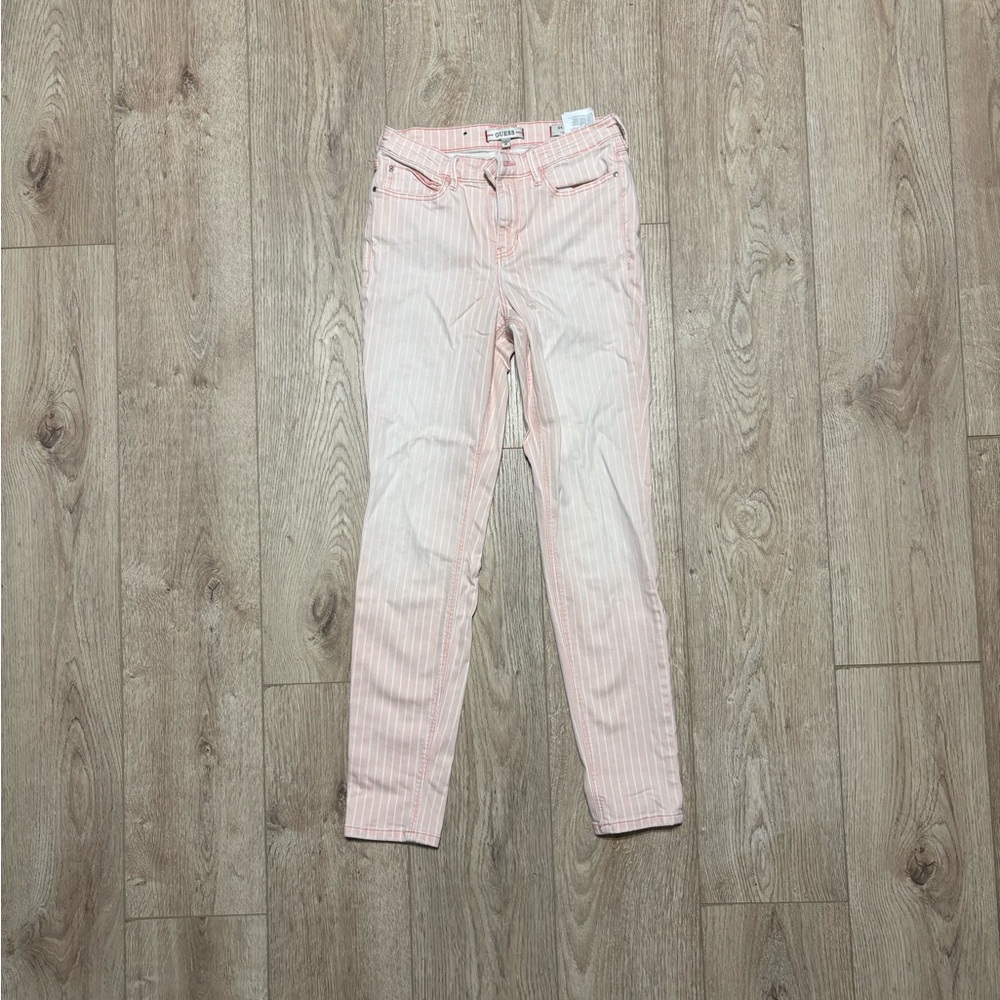 Guess Pink and White Striped Skinny Jeans